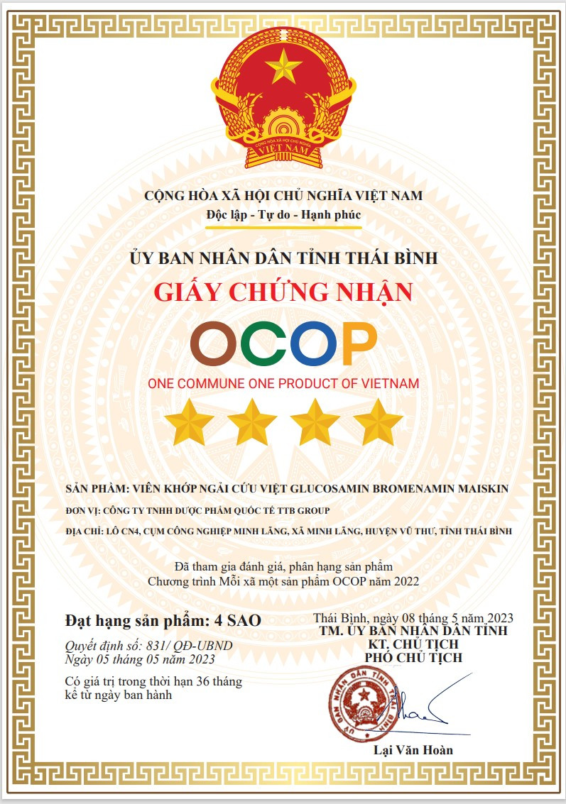 CHỨNG NHẬN OCOP CỦA SẢN PHẨM VIÊN KHỚP NGẢI CỨU VIỆT GLUCOSAMIN BROMENAMIN MAISKIN