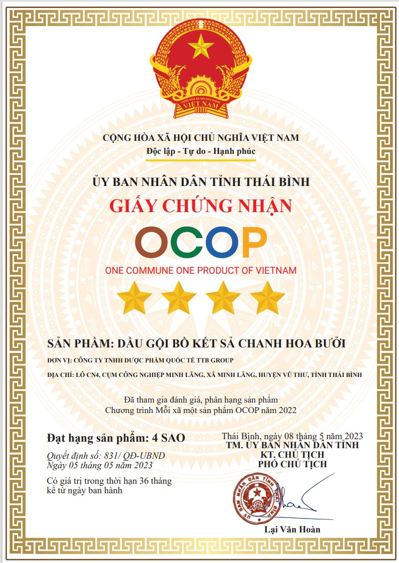 CHỨNG NHẬN OCOP CỦA SẢN PHẦM: DẦU GỘI BỒ KẾT SẢ CHANH HOA BƯỞI